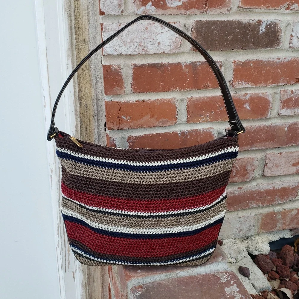 Vintage The Sak Eliott Lucca Crochet Stripe Nylon Hobo Bag Y2K Bohemian Beachy